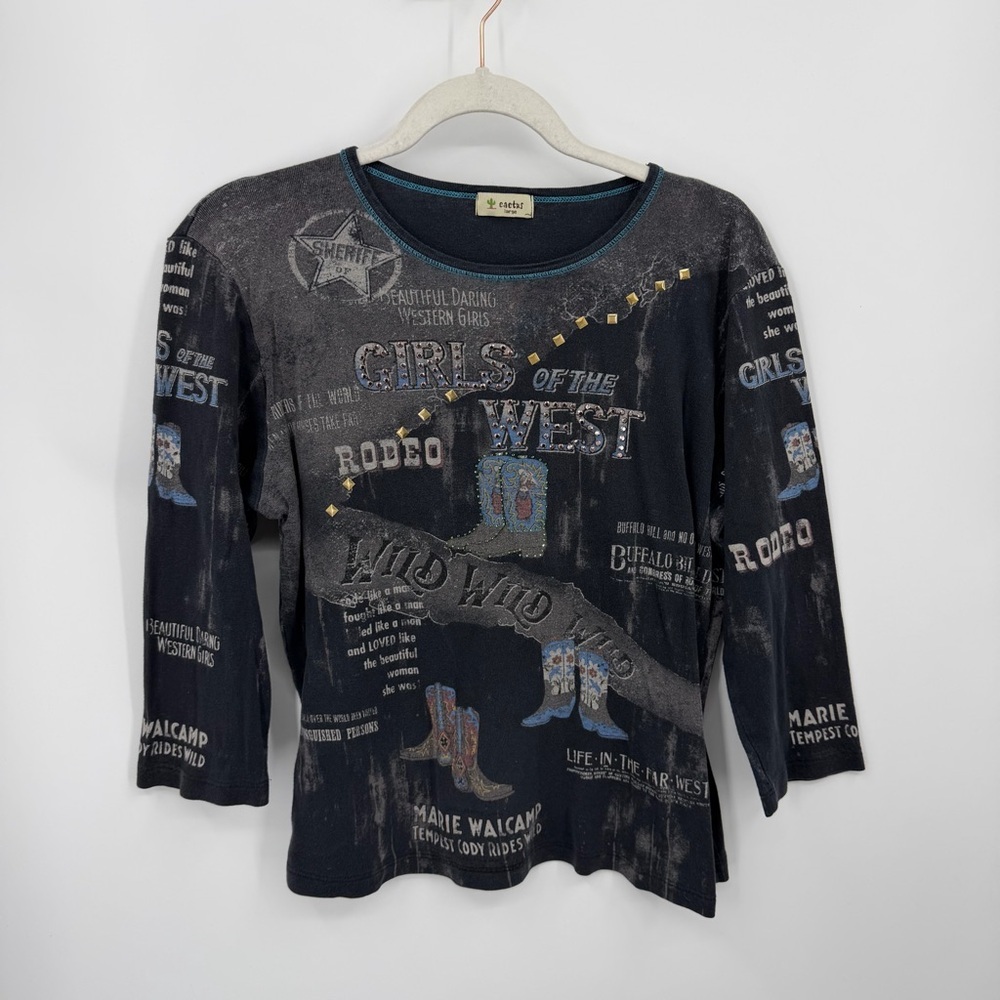 Vintage Cactus girls‎ of the west Top Womens L Black Tatoo Western Wild West